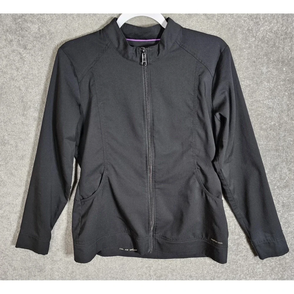 Healing Hands Zip Front Scrub Jacket Womens Size Small Black Pockets Long Sleeve